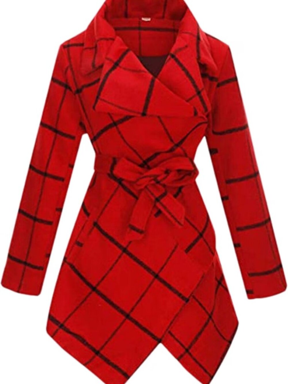 Womens red belted warm fall winter asymmetrical fitted pea coat.